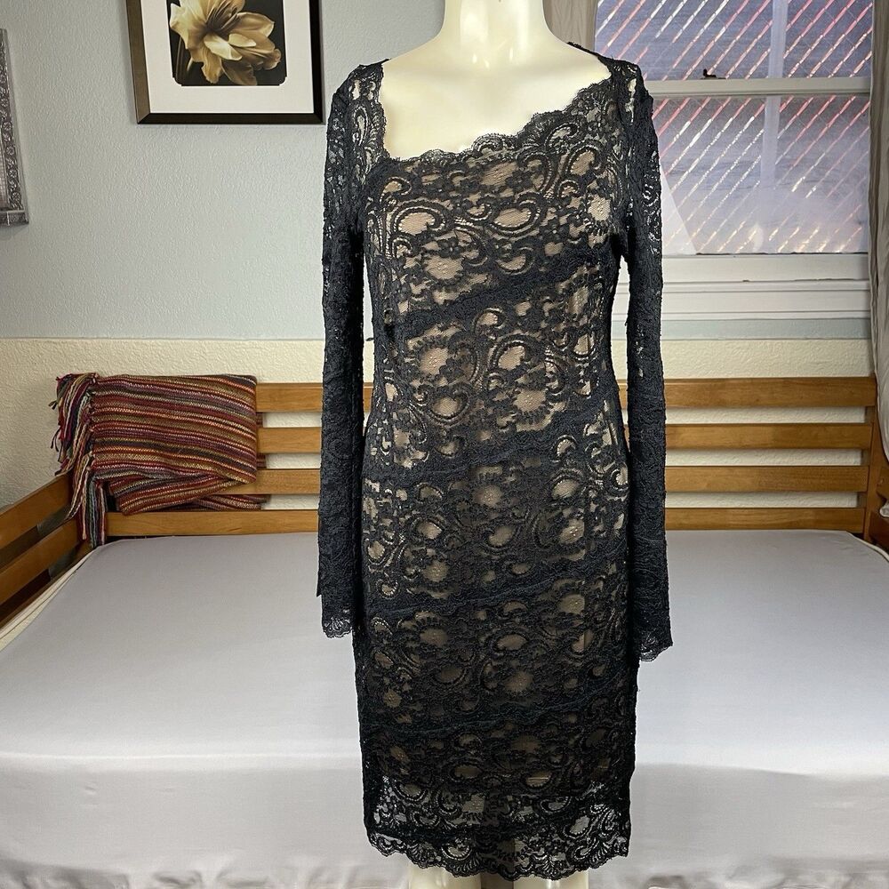 Nicole Miller Bodycon Lace Sheer Midi Dress Women’s Md Black Nude Scalloped Neck